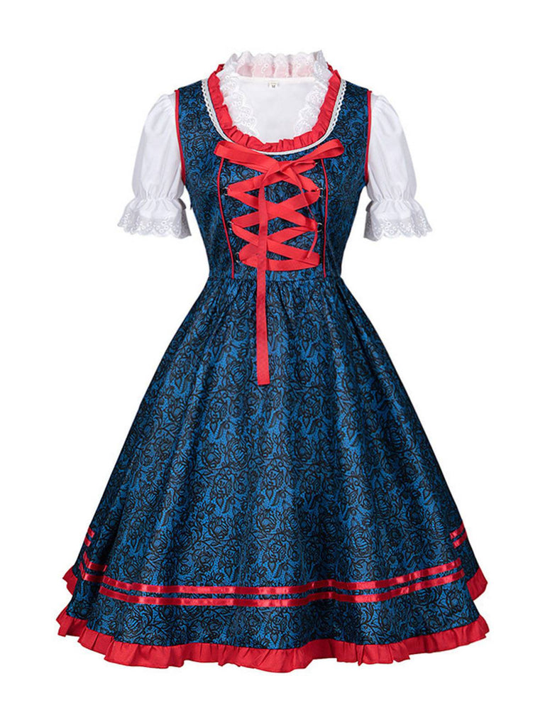 2PCS Blue 1950s Oktoberfest Bavarian Carnival Dress & Red Apron - vintage dress, retro fashion, rockabilly