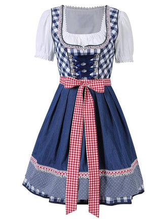2PCS Blue 1950s Oktoberfest Puff White Top & Gingham Dress & Apron - vintage dress, retro fashion, rockabilly
