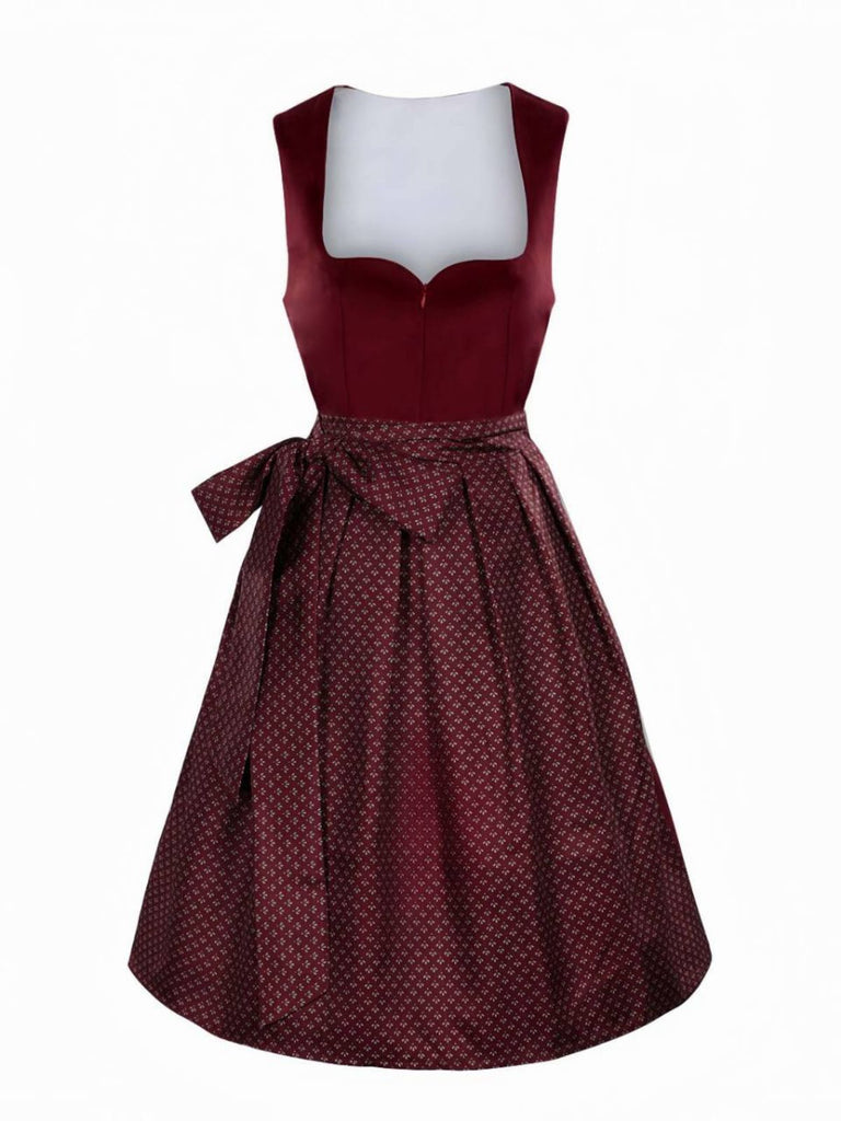 2PCS Wine Red 1950s Ethnic Floral Velvet Dress & Apron - vintage dress, retro fashion, rockabilly