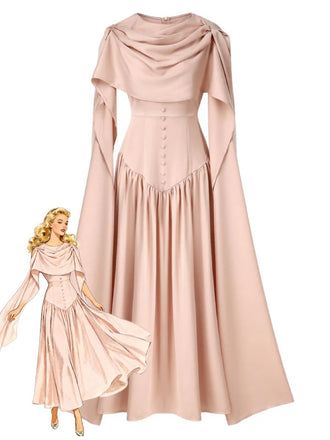 Beige 1950s Draped Renaissance Long Sleeve Maxi Dress - vintage dress, retro fashion, rockabilly