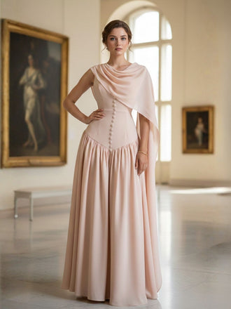 Beige 1950s Draped Renaissance Long Sleeve Maxi Dress - vintage dress, retro fashion, rockabilly