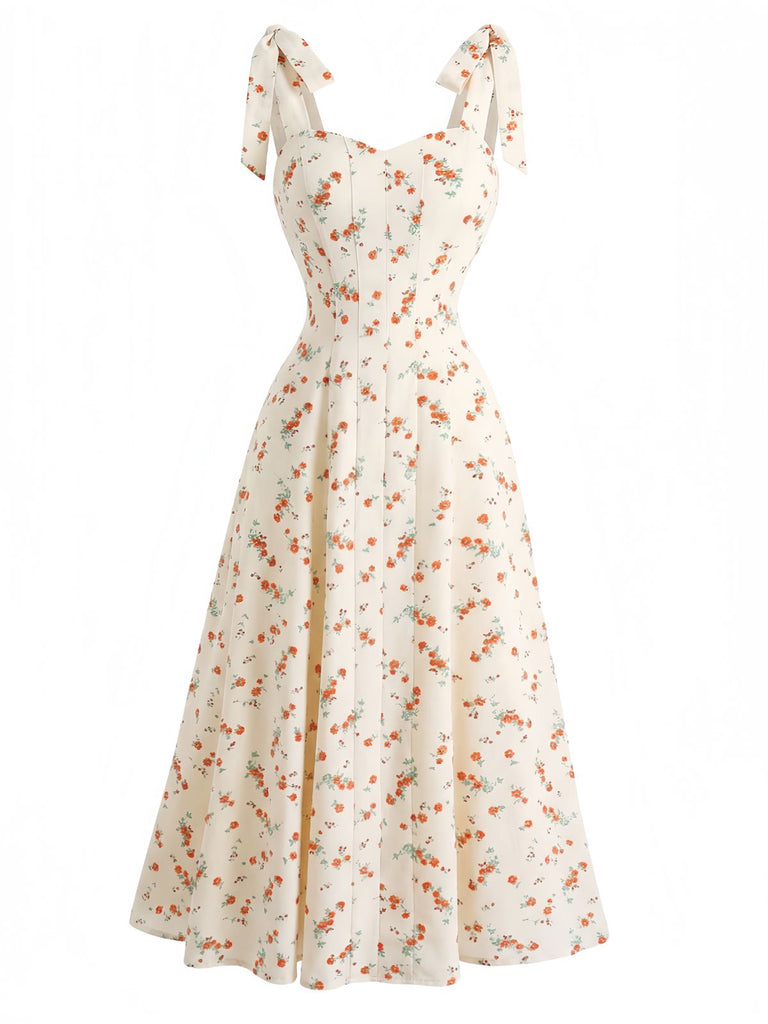 Beige 1950s Floral Print Tie Strap Sweetheart Neck Dress - vintage dress, retro fashion, rockabilly