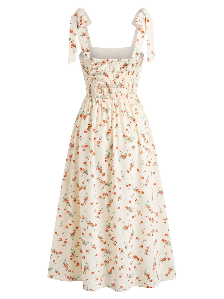 Beige 1950s Floral Print Tie Strap Sweetheart Neck Dress - vintage dress, retro fashion, rockabilly