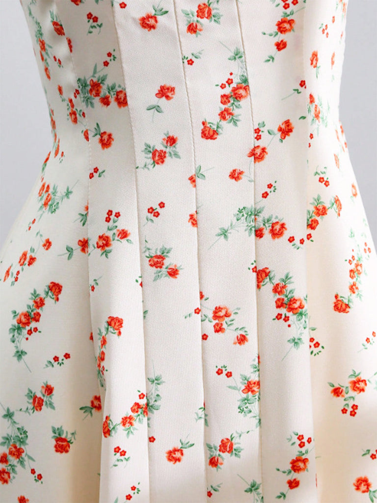 Beige 1950s Floral Print Tie Strap Sweetheart Neck Dress - vintage dress, retro fashion, rockabilly