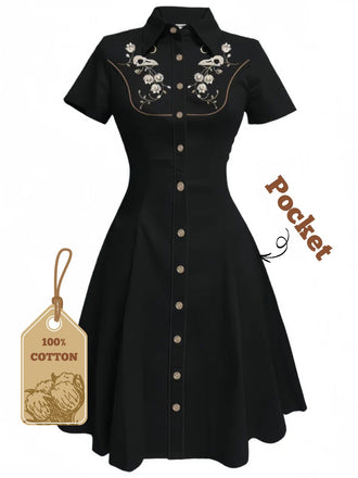 Black 1950s Cotton Floral Embroidered Western Style Dress - vintage dress, retro fashion, rockabilly