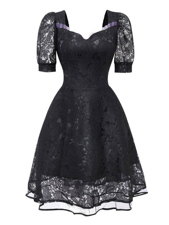 Black 1950s Gothic Witch Bride Lace Embroidered Dress - vintage dress, retro fashion, rockabilly
