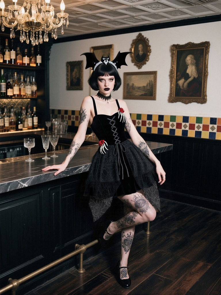 Black 1950s Halloween Skeleton Hand Spiderweb Rose Dress - vintage dress, retro fashion, rockabilly