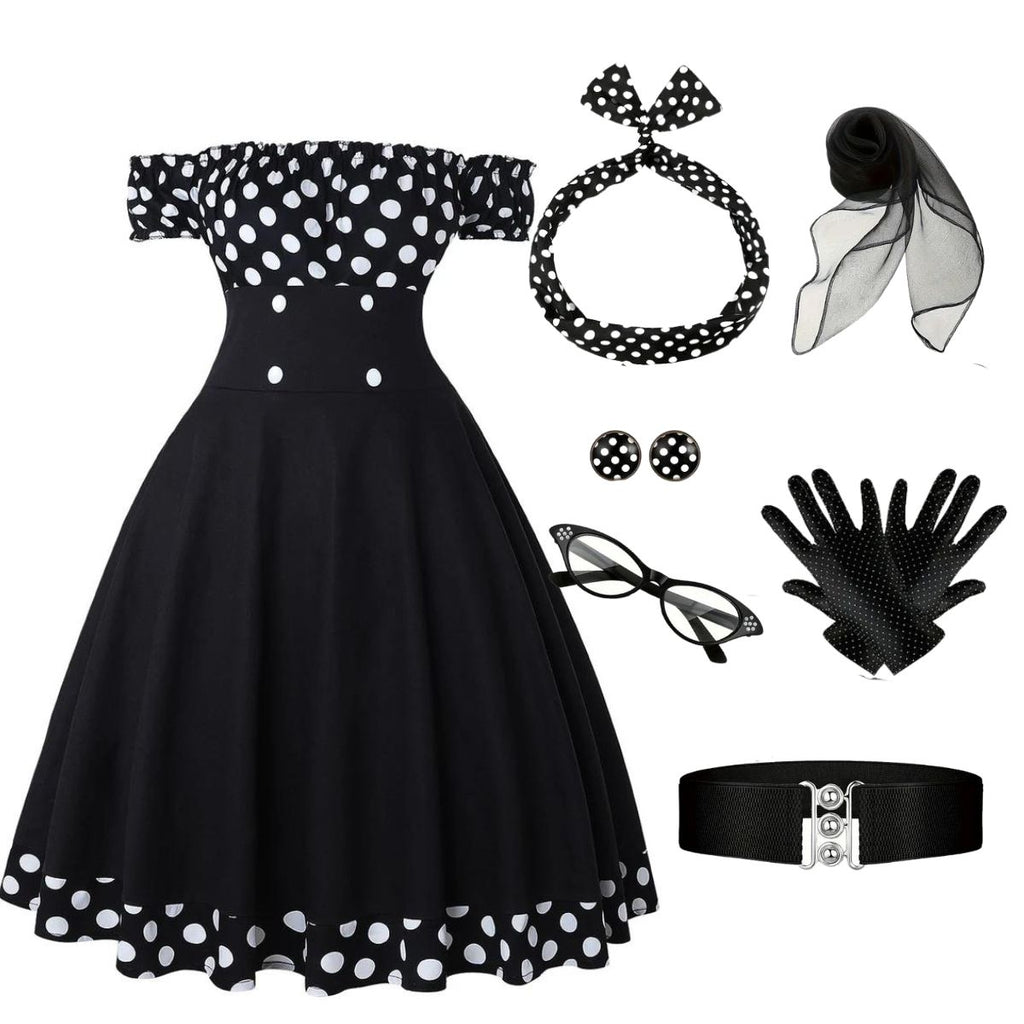 Black 1950s Off Shoulder Polka Dots Dress With Accessories Set - vintage dress, retro fashion, rockabilly