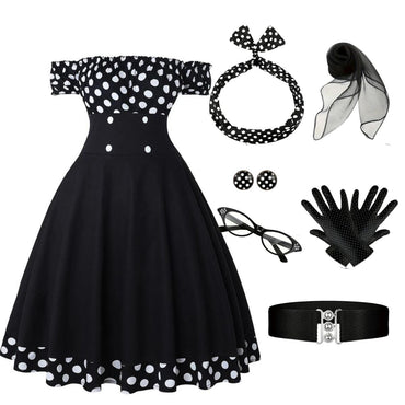 Black 1950s Off Shoulder Polka Dots Dress With Accessories Set - vintage dress, retro fashion, rockabilly