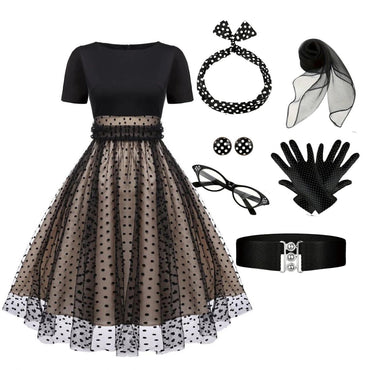 Black 1950s Polka Dot Swing Vintage Dress With Accessories Set - vintage dress, retro fashion, rockabilly