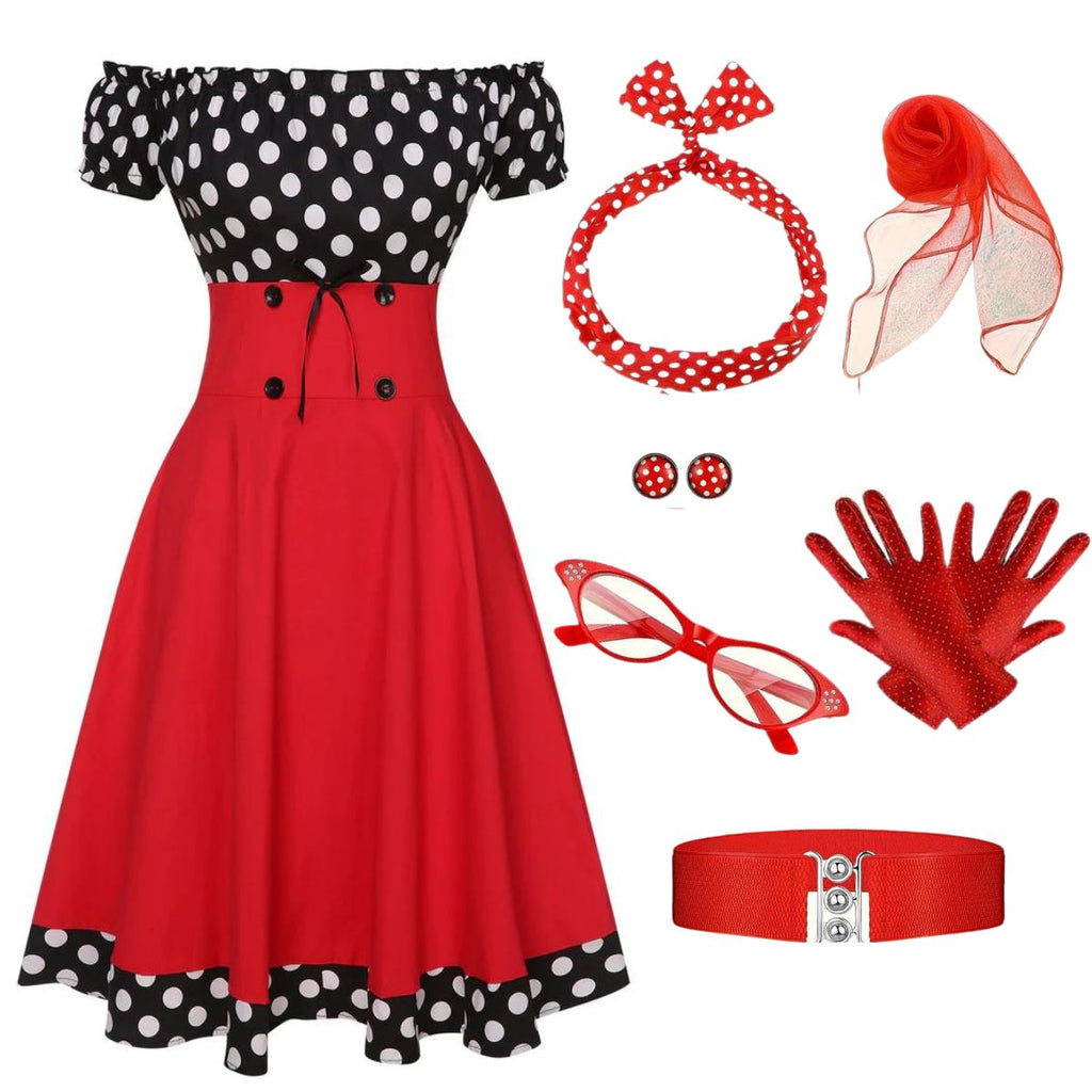 Black & Red 1950s Polka Dots Off Shoulder Dress With Accessories Set - vintage dress, retro fashion, rockabilly