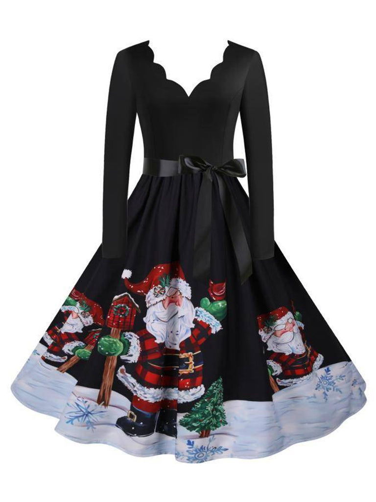 Black 1950s Scalloped Neck Christmas Santa Belted Dress - vintage dress, retro fashion, rockabilly
