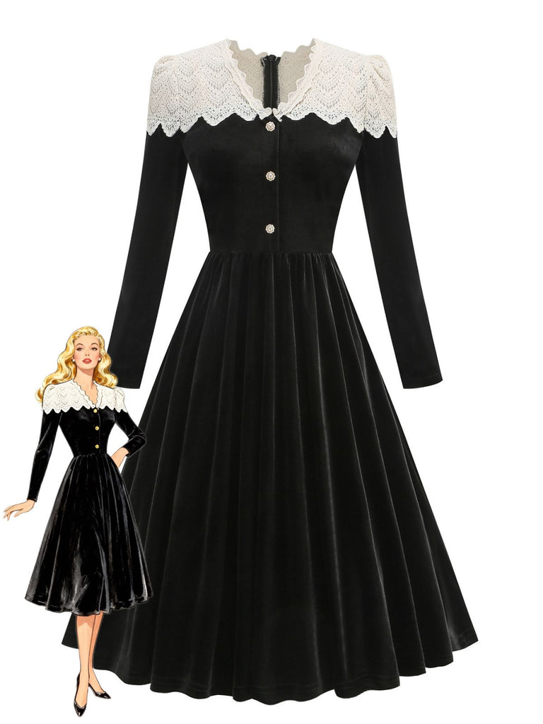 Black 1950s Velvet  Knitted Collar Pearl Button Dress - vintage dress, retro fashion, rockabilly