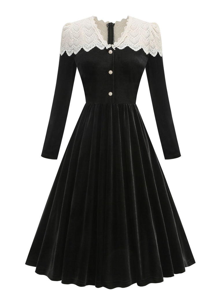 Black 1950s Velvet  Knitted Collar Pearl Button Dress - vintage dress, retro fashion, rockabilly