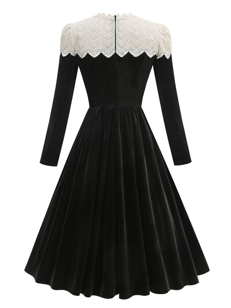 Black 1950s Velvet  Knitted Collar Pearl Button Dress - vintage dress, retro fashion, rockabilly