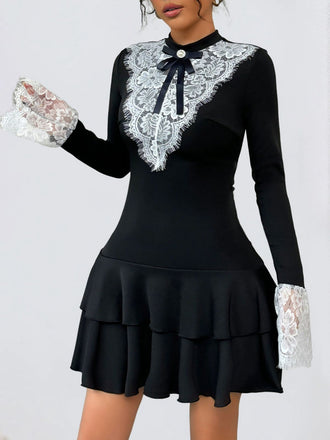 Black & White 1950s Lace Patchwork Bow Long Sleeve Dress - vintage dress, retro fashion, rockabilly