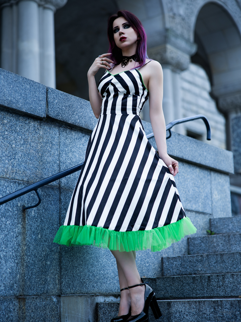 Black&White 1950s Striped Fluorescent Green Lace Dress - vintage dress, retro fashion, rockabilly