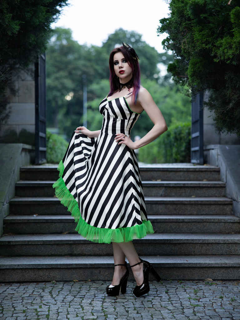 Black&White 1950s Striped Fluorescent Green Lace Dress - vintage dress, retro fashion, rockabilly