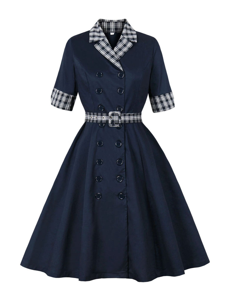 Blue 1950s Double Breasted Plaid Lapel Belted Dress - vintage dress, retro fashion, rockabilly