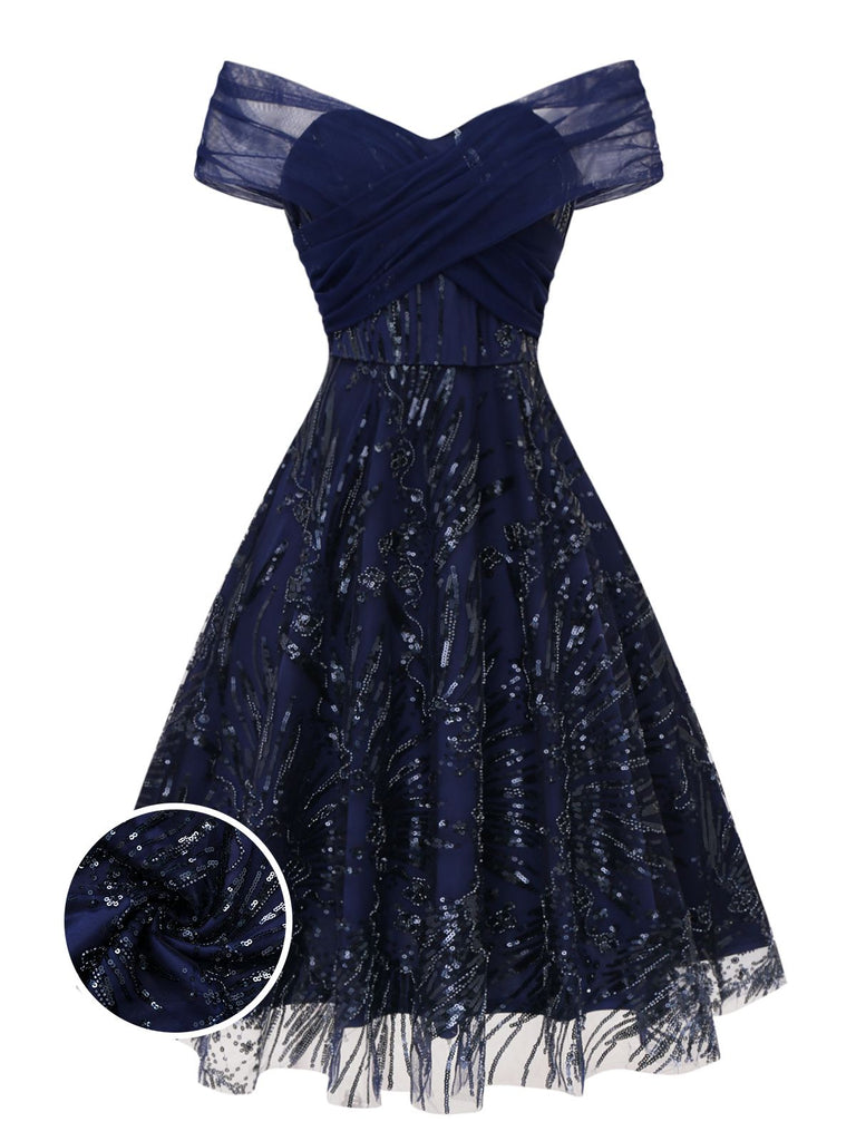 Blue 1950s Off-Shoulder Embroidered Sequin Floral Dress - vintage dress, retro fashion, rockabilly