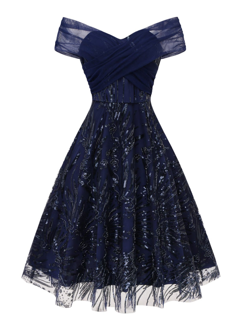 Blue 1950s Off-Shoulder Embroidered Sequin Floral Dress - vintage dress, retro fashion, rockabilly