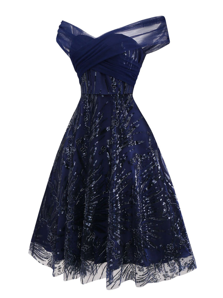 Blue 1950s Off-Shoulder Embroidered Sequin Floral Dress - vintage dress, retro fashion, rockabilly