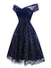 Blue 1950s Off-Shoulder Embroidered Sequin Floral Dress - vintage dress, retro fashion, rockabilly