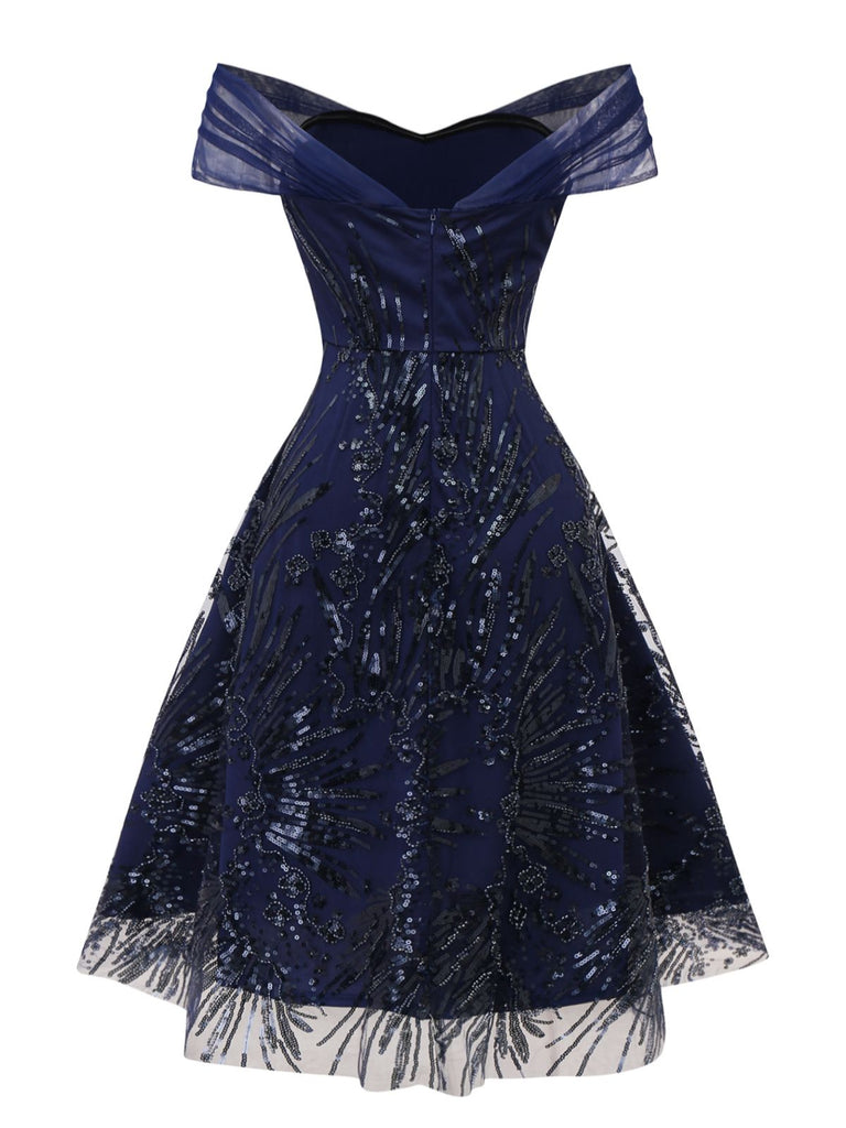 Blue 1950s Off-Shoulder Embroidered Sequin Floral Dress - vintage dress, retro fashion, rockabilly