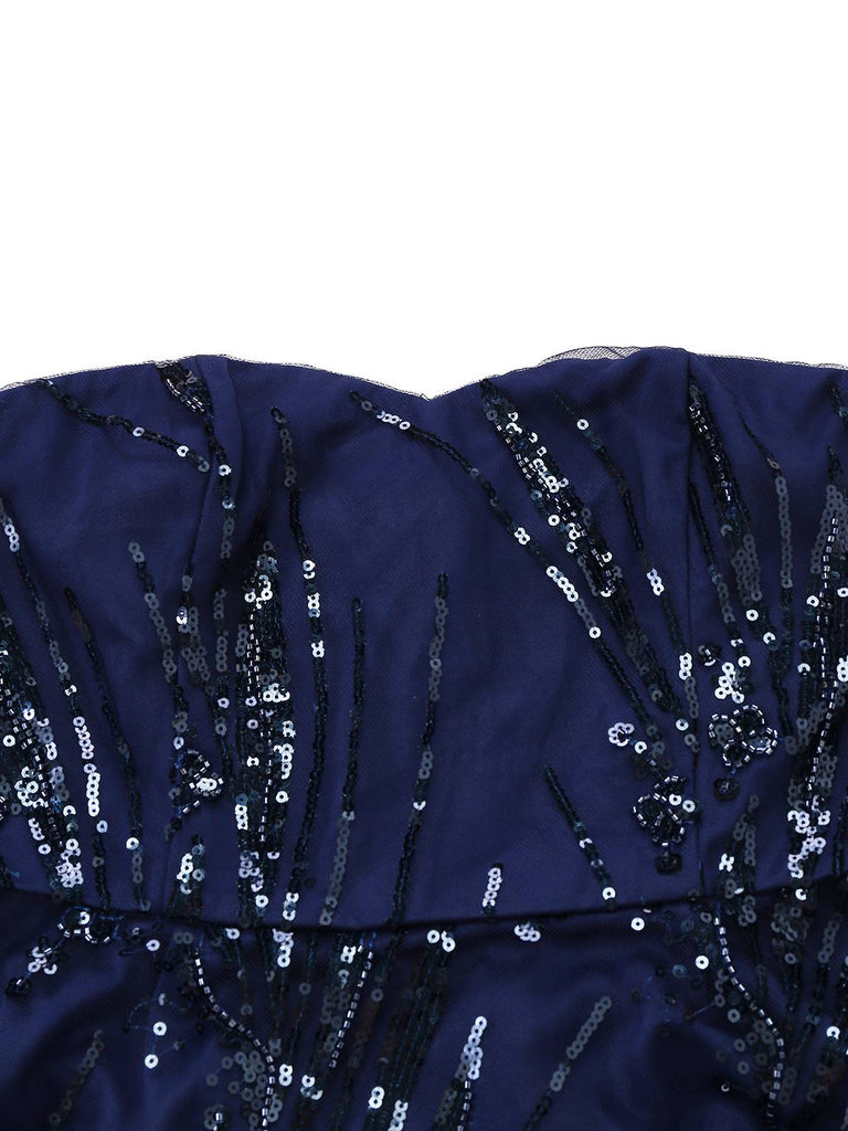 Blue 1950s Off-Shoulder Embroidered Sequin Floral Dress - vintage dress, retro fashion, rockabilly