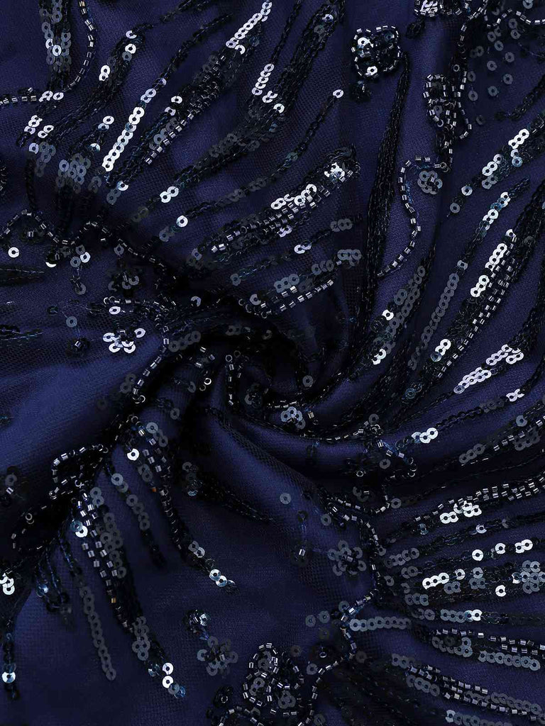 Blue 1950s Off-Shoulder Embroidered Sequin Floral Dress - vintage dress, retro fashion, rockabilly