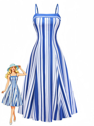 Blue & White 1950s Stripe Spaghetti Strap Midi Dress - vintage dress, retro fashion, rockabilly