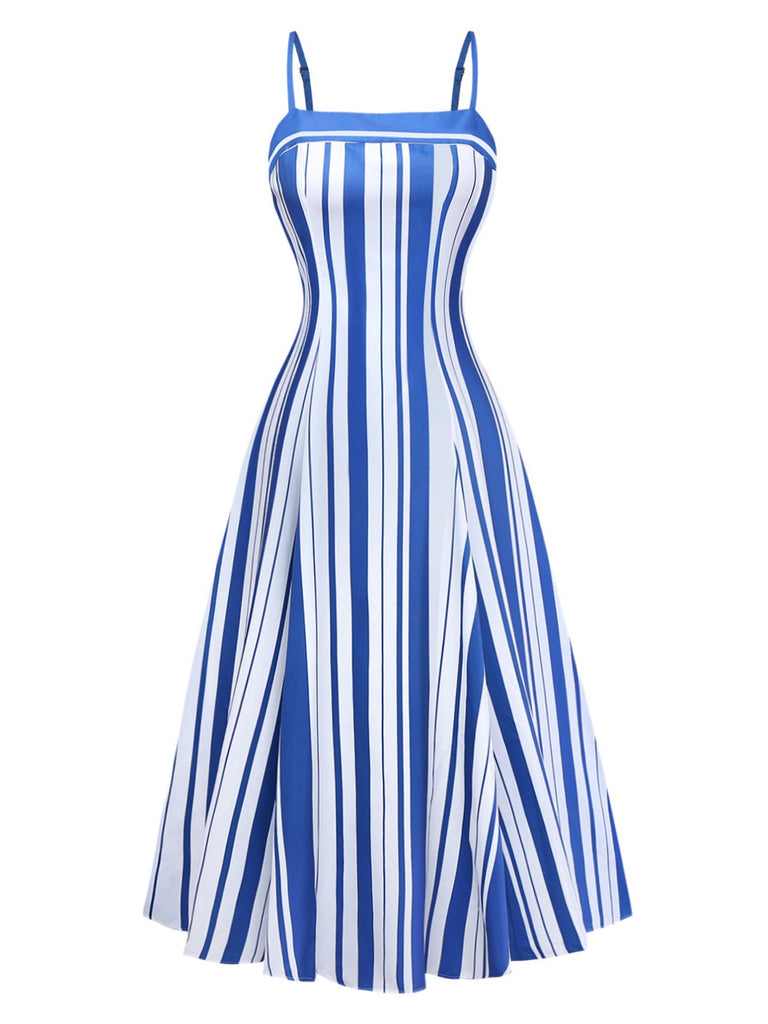 Blue & White 1950s Stripe Spaghetti Strap Midi Dress - vintage dress, retro fashion, rockabilly