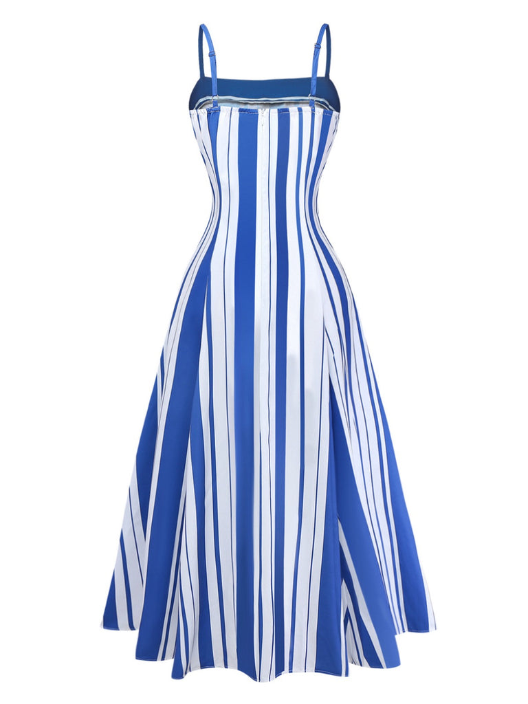 Blue & White 1950s Stripe Spaghetti Strap Midi Dress - vintage dress, retro fashion, rockabilly