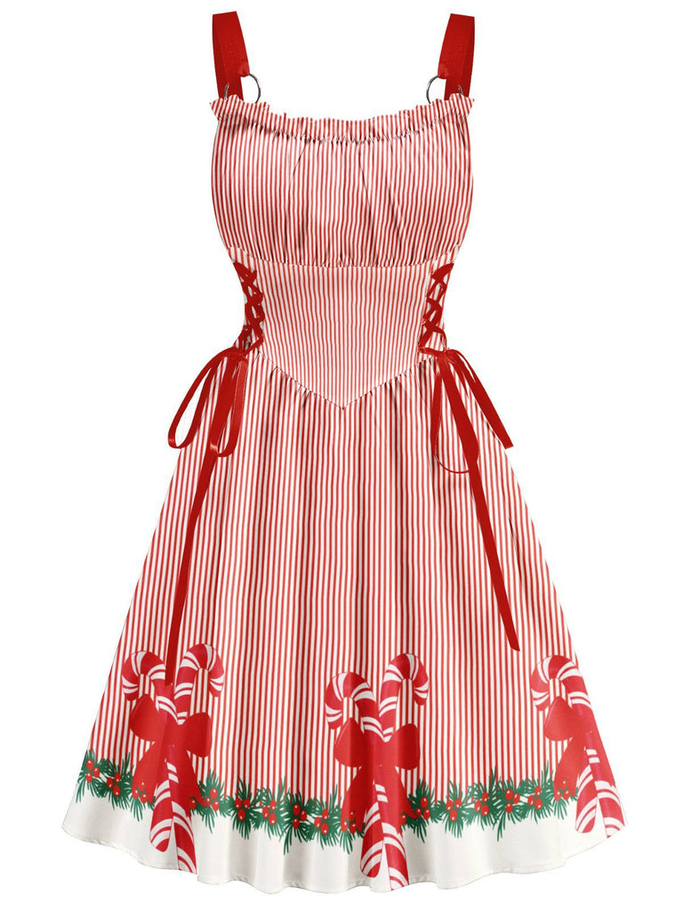 1950s Christmas Candy Cane Striped Lace-Up Holiday Dress - vintage dress, retro fashion, rockabilly