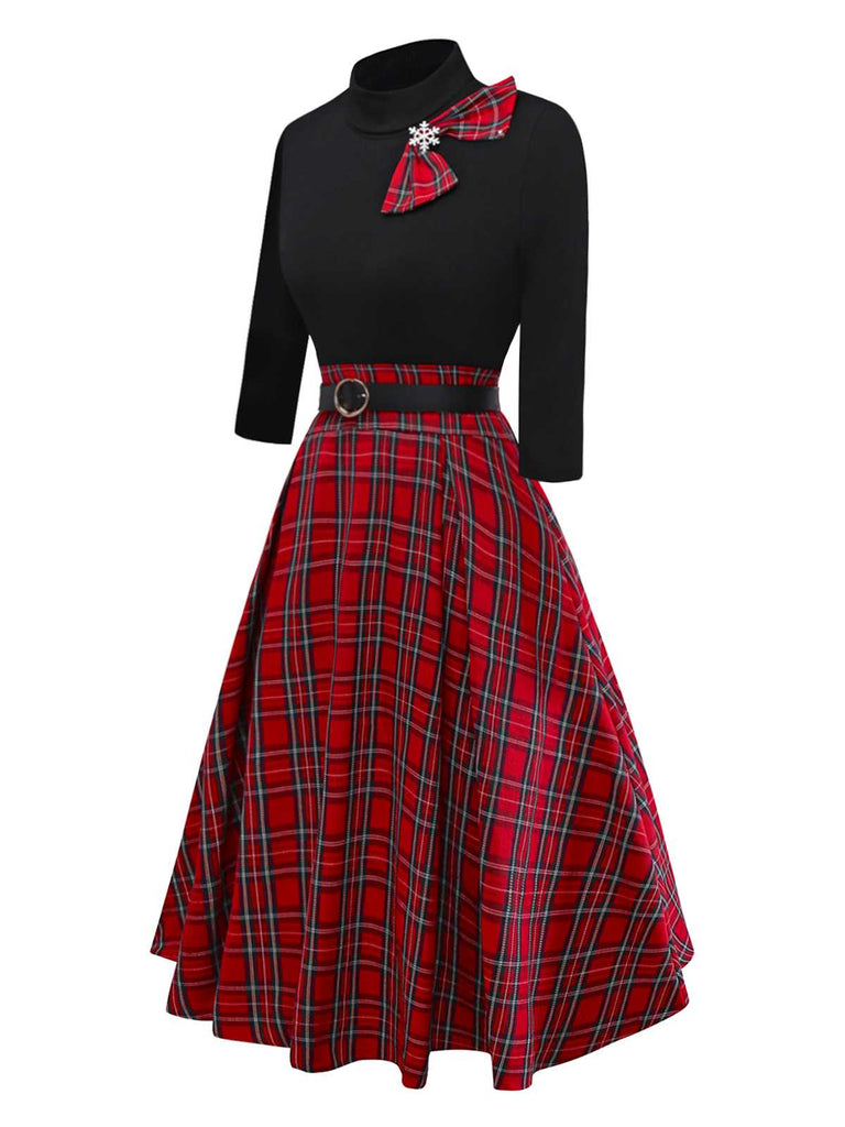 1950s Christmas Plaid Belted Dress With Snowflake Brooch - vintage dress, retro fashion, rockabilly
