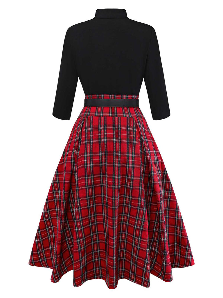 1950s Christmas Plaid Belted Dress With Snowflake Brooch - vintage dress, retro fashion, rockabilly