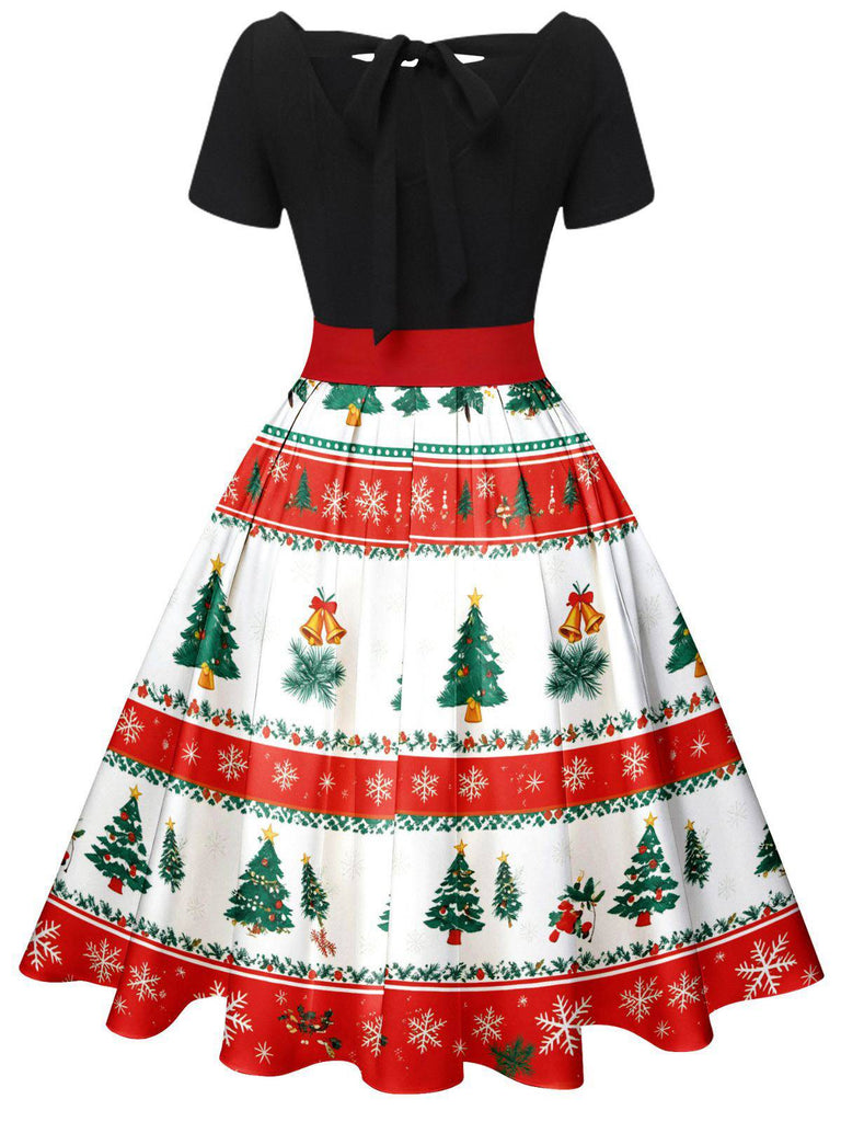 1950s Christmas Tree Patchwork Bow Belted Swing Dress - vintage dress, retro fashion, rockabilly