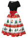 1950s Christmas Tree Patchwork Bow Belted Swing Dress - vintage dress, retro fashion, rockabilly