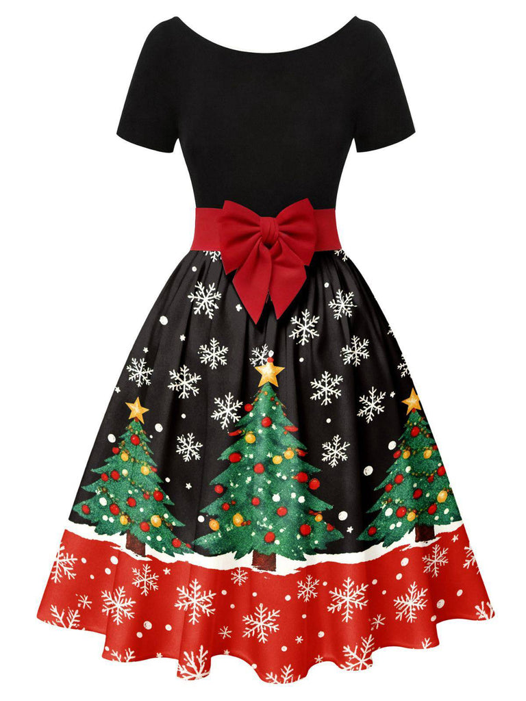 1950s Christmas Tree Patchwork Bow Belted Swing Dress - vintage dress, retro fashion, rockabilly