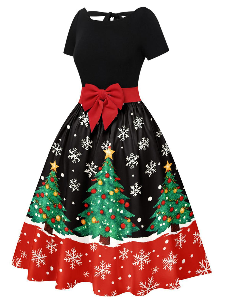 1950s Christmas Tree Patchwork Bow Belted Swing Dress - vintage dress, retro fashion, rockabilly