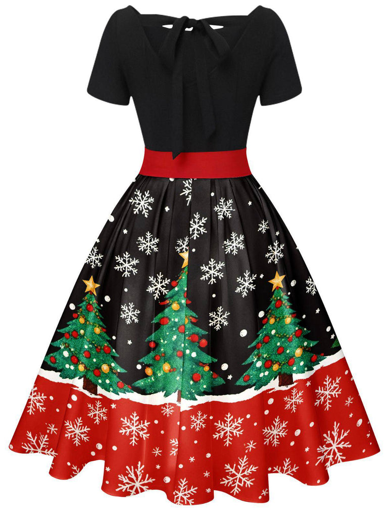 1950s Christmas Tree Patchwork Bow Belted Swing Dress - vintage dress, retro fashion, rockabilly