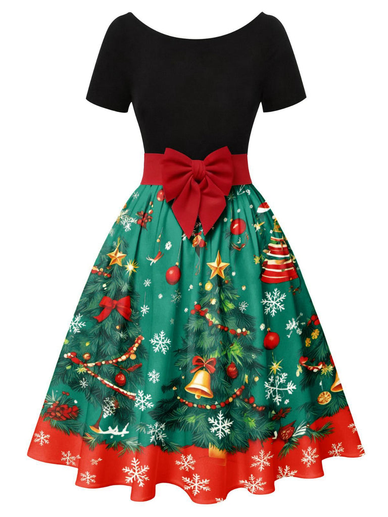1950s Christmas Tree Patchwork Bow Belted Swing Dress - vintage dress, retro fashion, rockabilly
