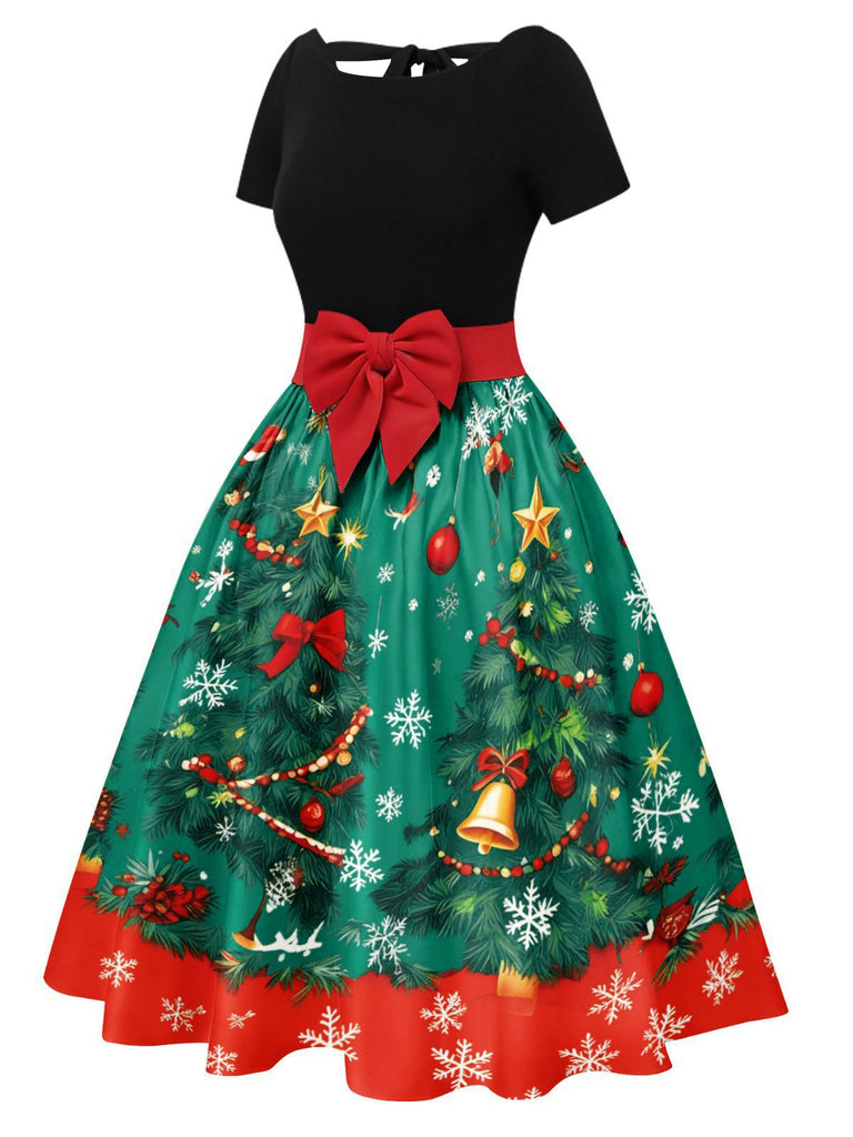 1950s Christmas Tree Patchwork Bow Belted Swing Dress - vintage dress, retro fashion, rockabilly