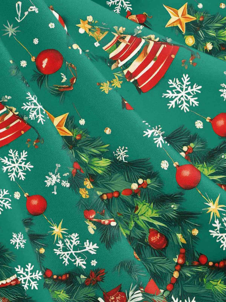 1950s Christmas Tree Patchwork Bow Belted Swing Dress - vintage dress, retro fashion, rockabilly