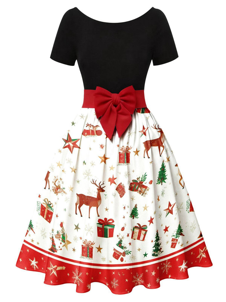 1950s Christmas Tree Patchwork Bow Belted Swing Dress - vintage dress, retro fashion, rockabilly