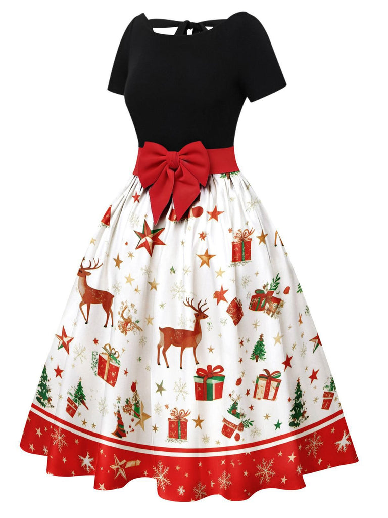 1950s Christmas Tree Patchwork Bow Belted Swing Dress - vintage dress, retro fashion, rockabilly