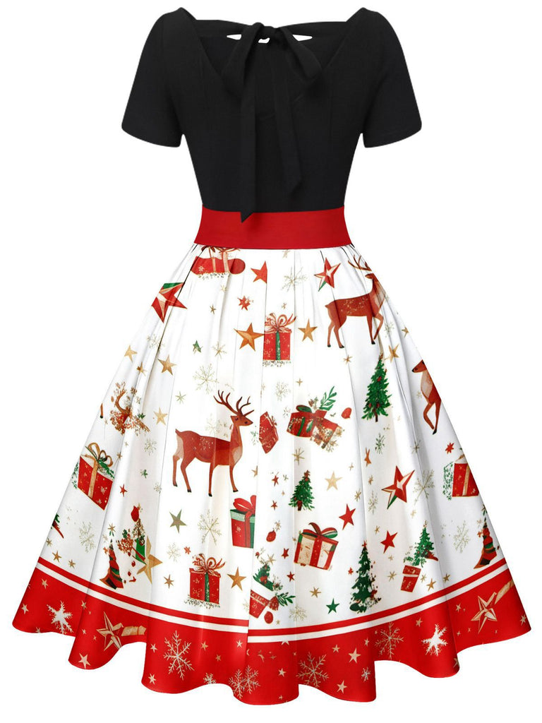 1950s Christmas Tree Patchwork Bow Belted Swing Dress - vintage dress, retro fashion, rockabilly