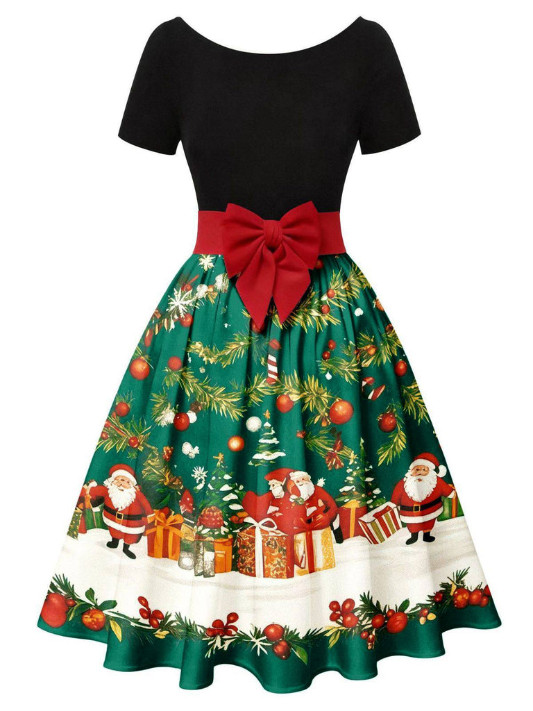 1950s Christmas Tree Patchwork Bow Belted Swing Dress - vintage dress, retro fashion, rockabilly