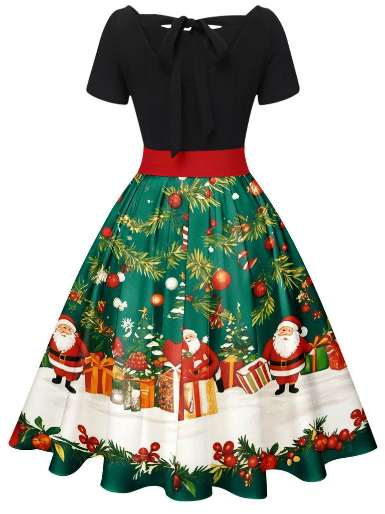 1950s Christmas Tree Patchwork Bow Belted Swing Dress - vintage dress, retro fashion, rockabilly