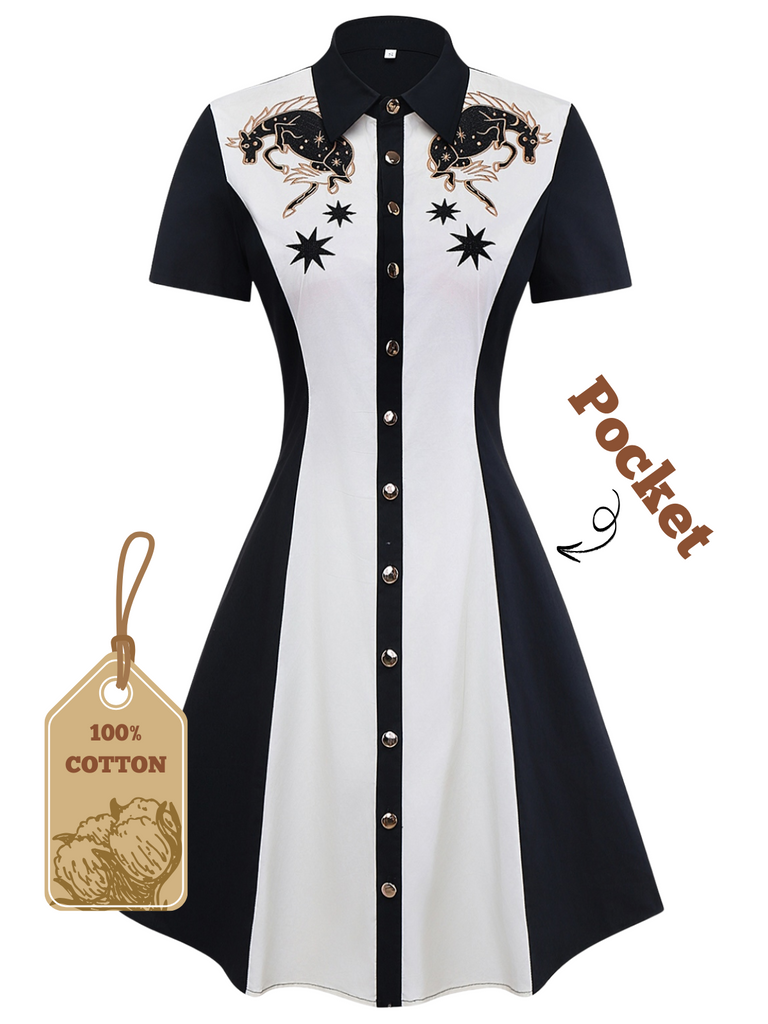 1950s Cotton Western-Inspired Embroidered Horse&Star Dress - vintage dress, retro fashion, rockabilly
